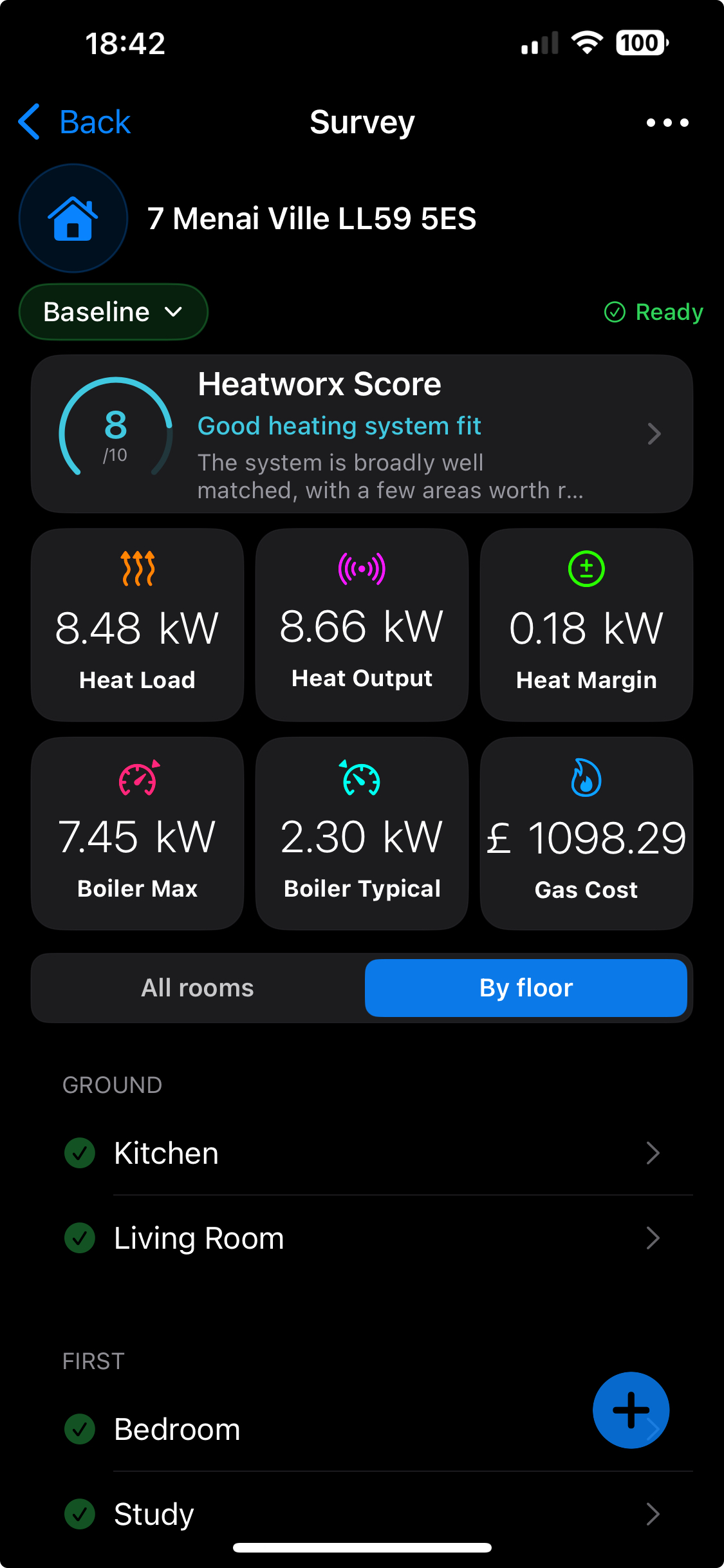 Heatworx app showing a completed survey with Heatworx Score, heat load, radiator output, boiler sizing, and rooms organised by floor